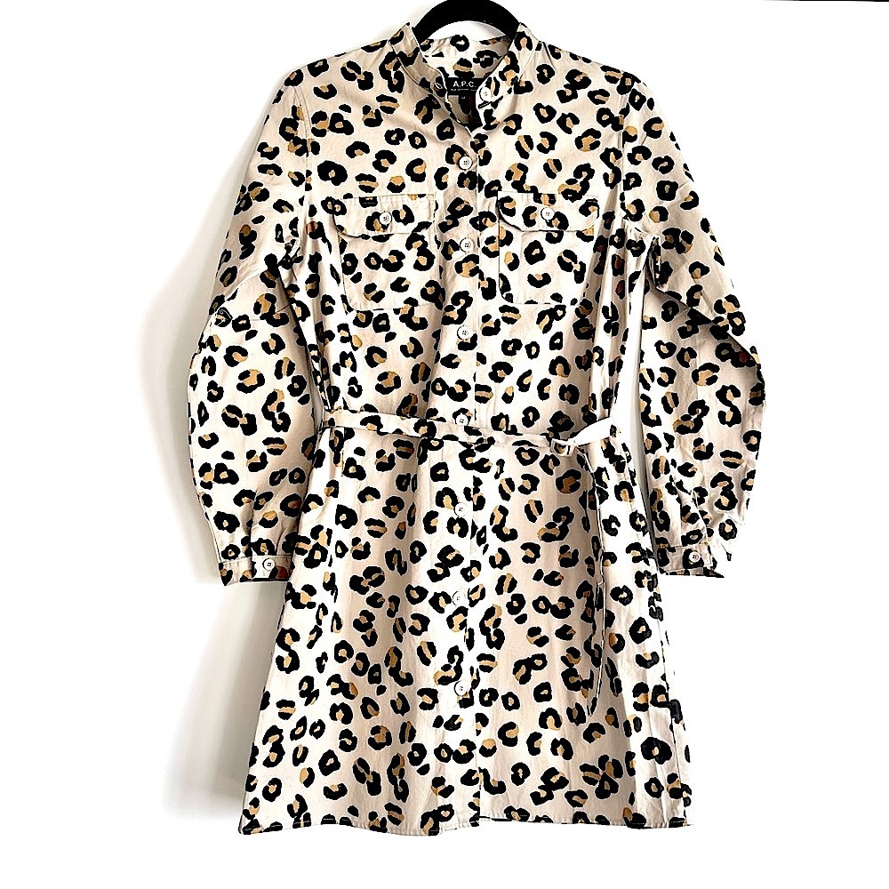 A.P.C. Rue Madame Paris Cotton Twill Leopard Print Belted Shirtdress Size Medium